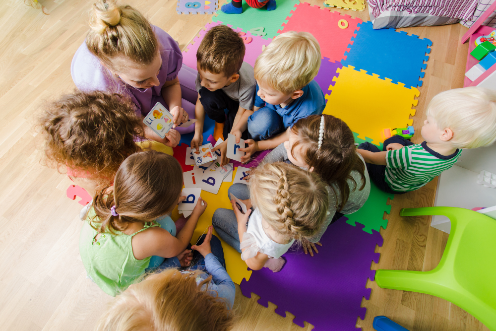 child care provider on floor