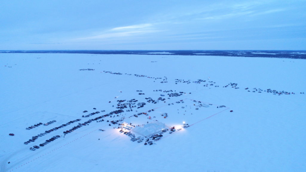 Overhead photo of ice fishing